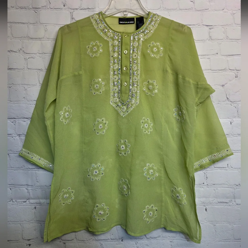 DKNY/ Green Sequin Embroidered Top - Picture 1 of 9